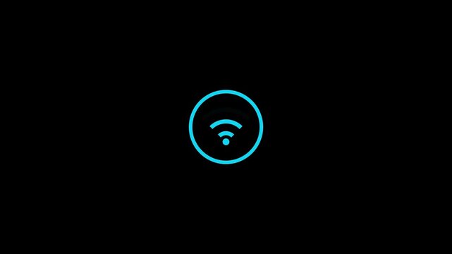 Neon blue wi-fi signal animation on black background, for digital connectivity, and network technology concepts