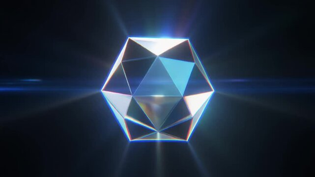A glowing icosahedron crystal rotates in a dark void, featuring sharp geometric facets and cinematic light flares in a high-tech abstract 3d render.