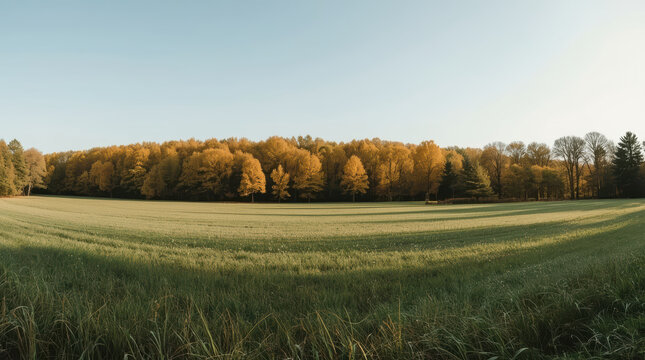 Autumn meadow golden tree line under clear sky peaceful rural landscape