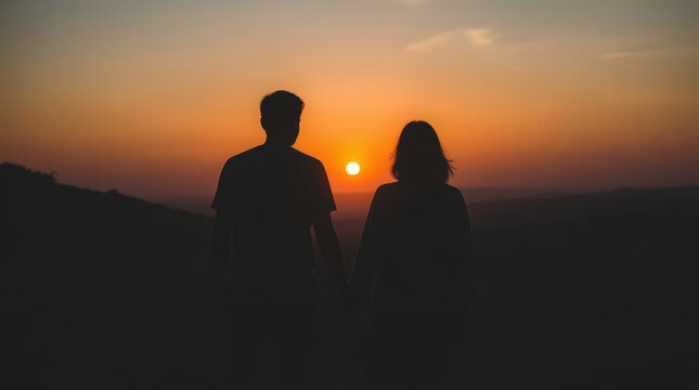 Silhouette couple holding hands at sunset over horizon