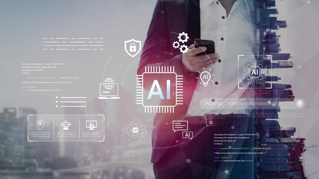 Business Professional Using Smartphone with Artificial Intelligence and Digital Technology Graphics in Urban Environment, Modern Office, and Futuristic Background Gluon.