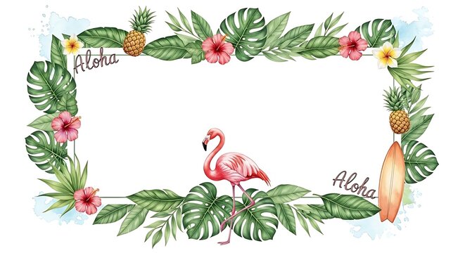 Tropical watercolor frame with pink flamingo and exotic flowers