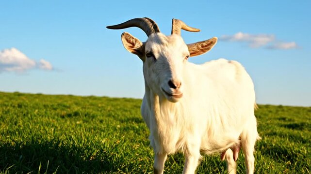 White Goat in a Grassy Field on a Sunny Day, Showing its Importance in Agriculture
