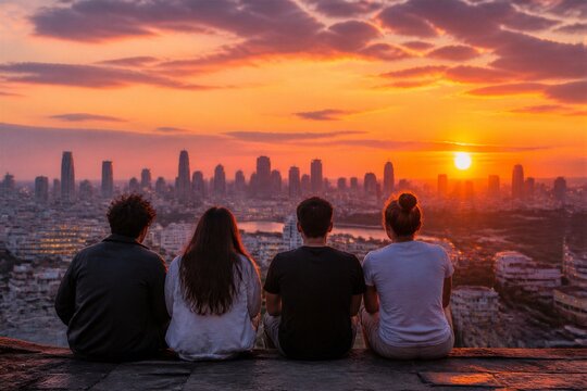 Group watching sunset over city skyline from rooftop overlook