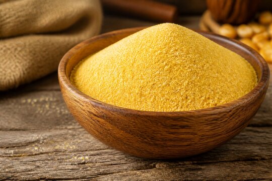Wooden bowl filled with yellow cornmeal on rustic table