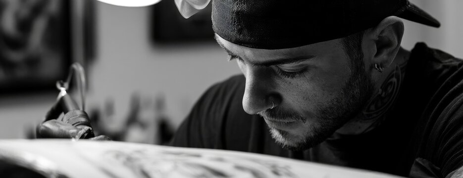 Tattoo artist man concentrating while creating tattoo in studio, black and white photo