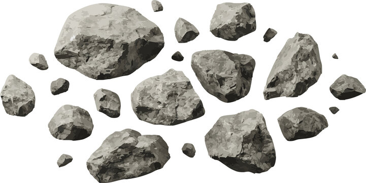 Collection of Natural Grey Granite Rocks and Stones Isolated on White Background