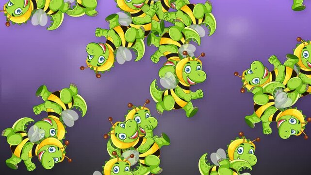 Animated Cartoon Dinosaur Bee Characters Falling Over Purple Background