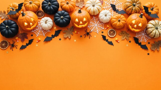 Carved helloween pumpkins with bats and spiders arranged on an orange background during autumn festivities