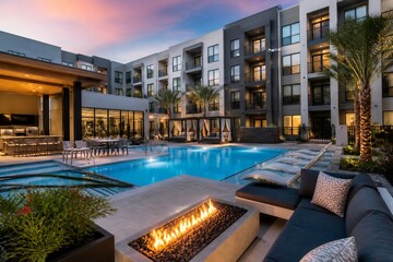 Fototapeta premium Residential pool area lit at dusk in apartment courtyard
