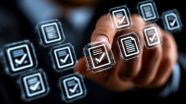 Businessman interacts with a complex digital dashboard of validated document icons to showcase streamlined administrative tasks and the implementation of paperless office technology solutions today.