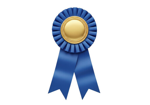 Blue ribbon rosette award with gold center badge isolated on transparent background