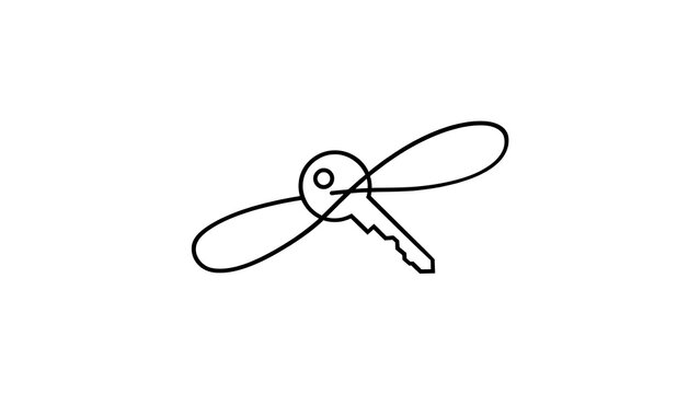 Minimalist key icon with wings on white background.