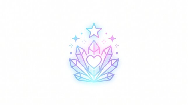 Magical crystal heart and star icon, mystical gemstone logo design, enchanting spiritual symbol, vibrant gradient graphic element for branding and wellness