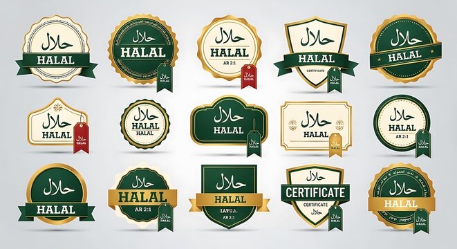 Set of green and gold halal certification labels