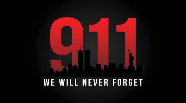A solemn memorial graphic featuring the red number 911 over a dark city skyline silhouette with the text we will never forget below