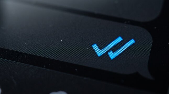 Macro close up of blue double check mark icon inside chat message bubble on smartphone screen