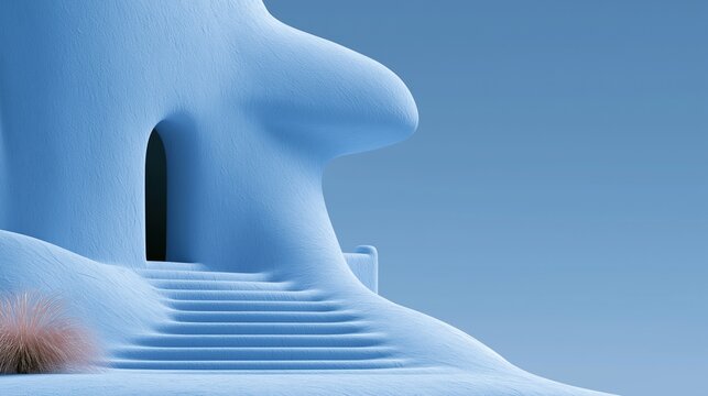 Surreal abstract light blue building shaped like human profile face with stone stairs under clear light blue sky showing creative contemporary architectural art