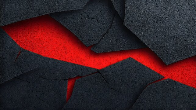 Dark, fractured stones reveal a textured red background in an abstract, high-contrast composition.