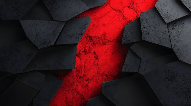 Dark, fractured stones reveal a textured red background in an abstract, high-contrast composition.
