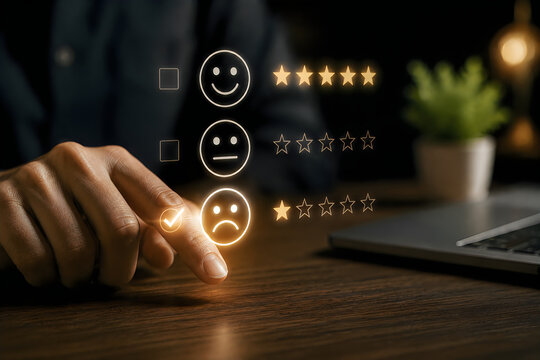 Hand selecting negative emotion emoji with stars during customer feedback survey on desk with laptop