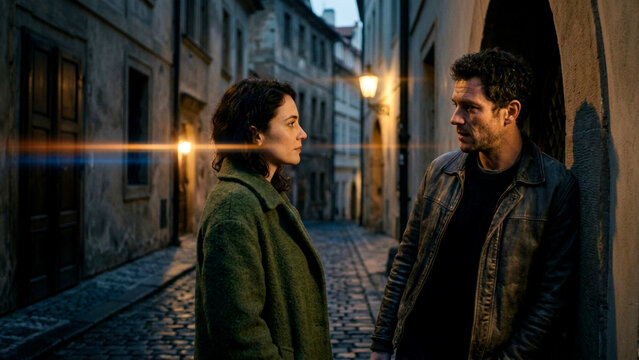 Man and woman talking in a narrow cobblestone street at night