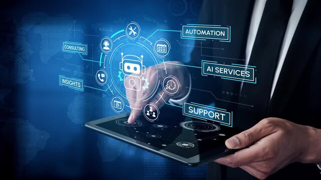 Business professional interacting with futuristic tablet showcasing AI services, automation, consulting, and support features in a digital landscape. Entropy.