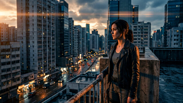 Woman standing on a rooftop overlooking a city at sunset