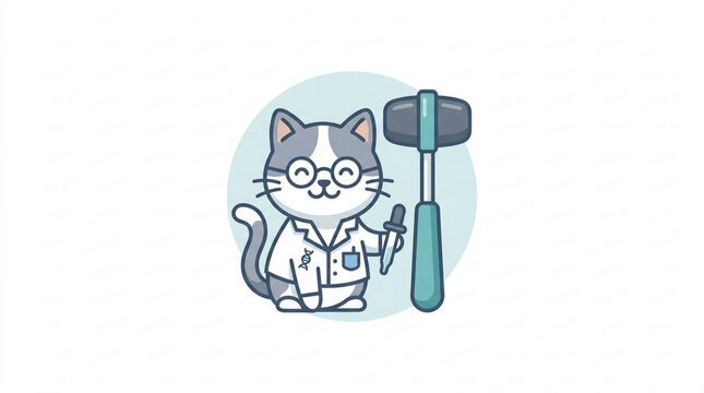 Cute cat doctor with reflex hammer. Veterinary medicine icon for medical clinic design.