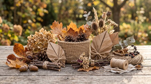 Rustic Autumn Decoration Composition with Dried Flowers Leaves and Pinecones on a Weathered Wooden Table