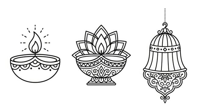 Set of hand drawn outline illustrations featuring traditional oil lamps and decorative hanging lanterns for diwali festival celebration