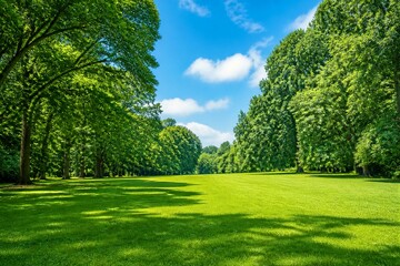 Obraz premium Open grassy parkland surrounded by tall deciduous trees