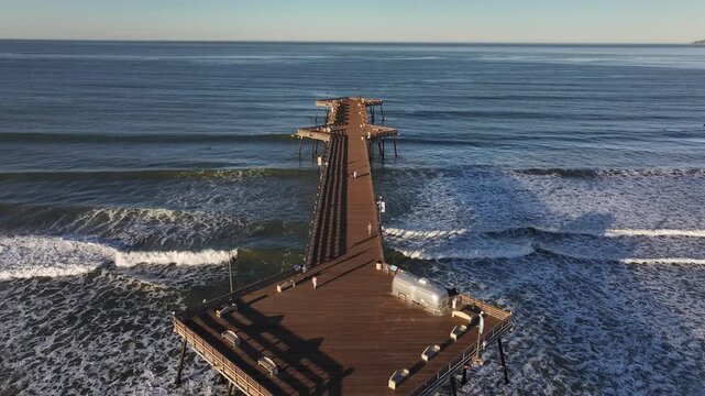 Aerial view of the boardwalk along the beach in Pismo Beach, California, USA.