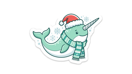 Cute Cartoon Narwhal Wearing Christmas Hat and Scarf © Manten