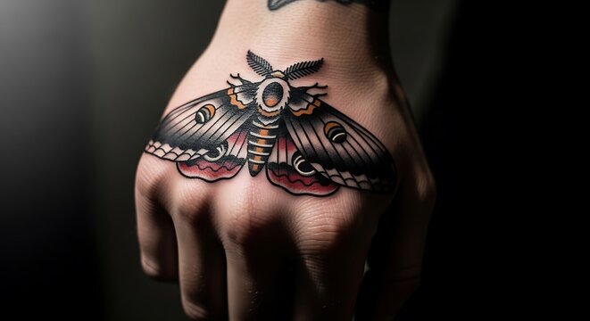 Traditional style moth tattoo on human hand