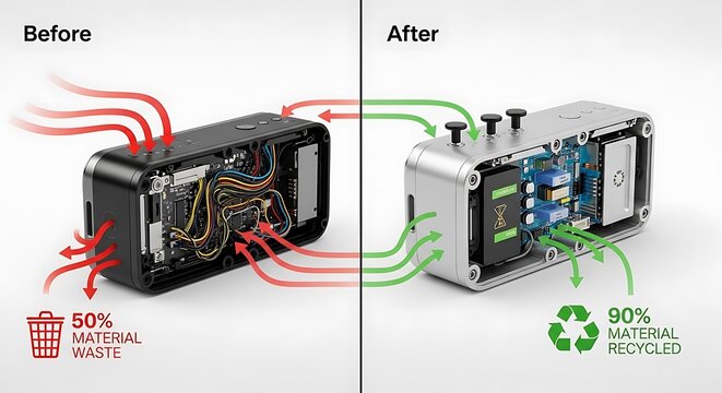 Visual comparison showing a before device with high material waste and an after device with significantly reduced waste due to recycling.