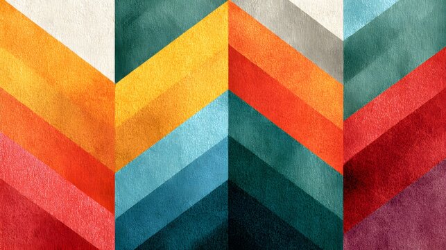 Colorful retro chevron zigzag pattern background with textured geometric stripes in orange teal and red shades.