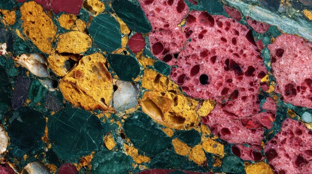 Polished Breccia Stone Texture with Vibrant Yellow Red and Green Inclusions in Close-up Macro Detail