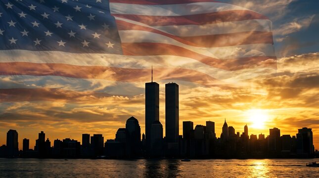 A beautiful sunset view of the new york city skyline featuring the historic twin towers overlaid with a patriotic american flag design