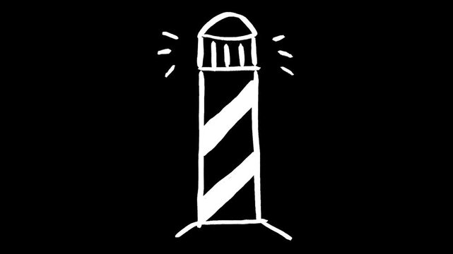 Lighthouse hand drawn animation, animated beacon light motion graphic illustration, ocean navigation tower sea light line art sketch doodle loop clip art