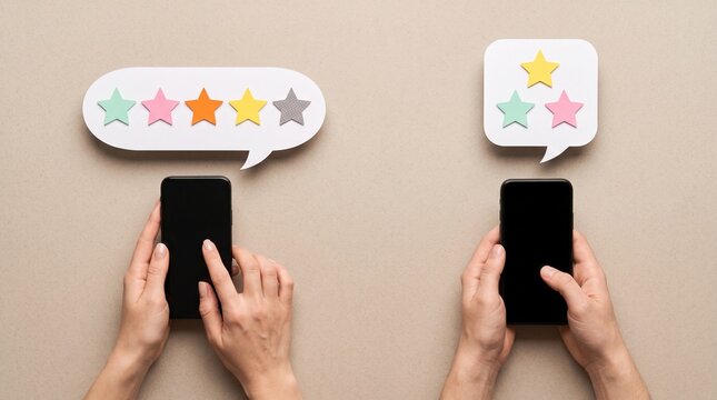 Customer Feedback on Smartphones: Hands holding smartphones display visual feedback through star ratings within speech bubbles, illustrating customer satisfaction and opinions.