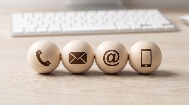 Wooden spheres featuring contact icons for business communication, business