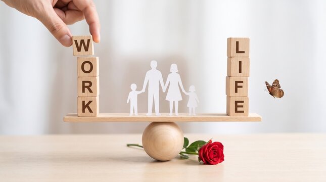 Work life balance concept with family figures on wooden scale, lifestyle