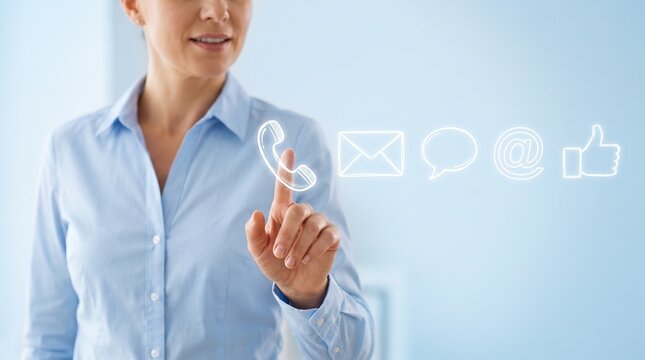 Businesswoman touching digital communication icons on transparent interface