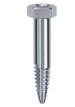 A single silver metal lag bolt with a hexagonal head used for heavy duty wood construction work isolated on transparent background