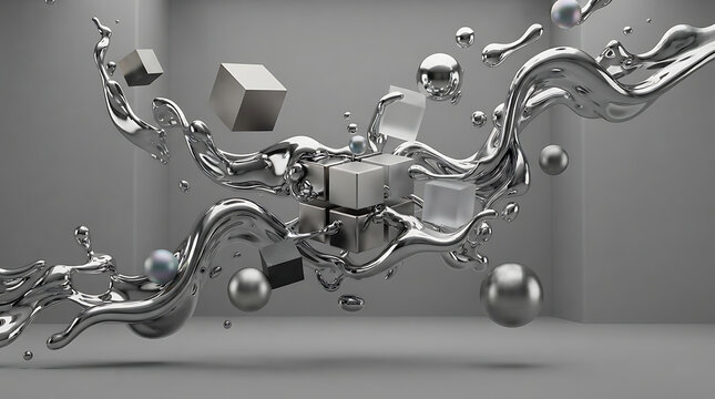 Abstract Liquid Metal Flowing Around Floating Geometric Shapes in a Minimalist Grey Studio Setting