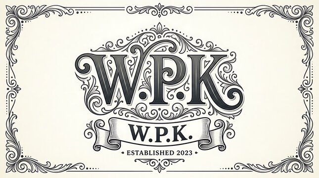 Vintage Ornate Logo Design with W.P.K. Initials and Established 2023 Text in Victorian Floral Frame