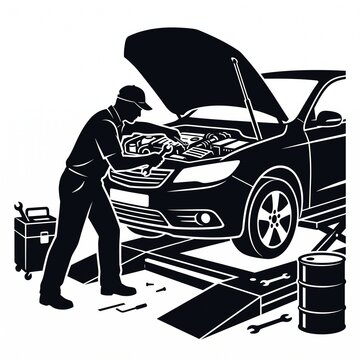 Mechanic repairing car engine at vehicle service station silhouette symbol, vector isolated on white