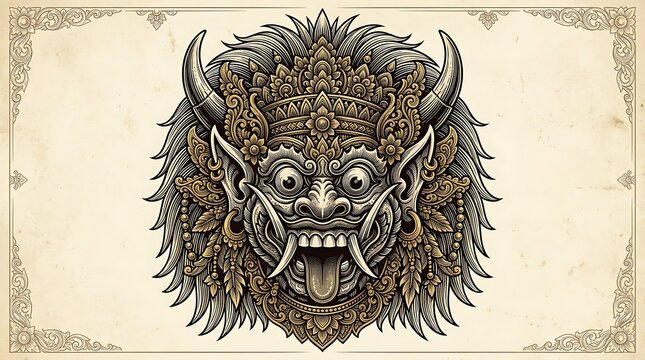 Ornate Balinese Barong Mask Illustration Hand Drawn Mythological Creature on Vintage Background