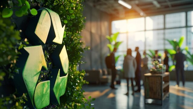 Green recycle symbol icon sign with professional environment background to represent recycling or sorting of waste at office and for working people